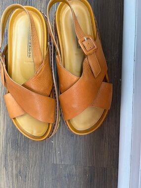 Tan Leather Cross-Strap Slingback Sandals